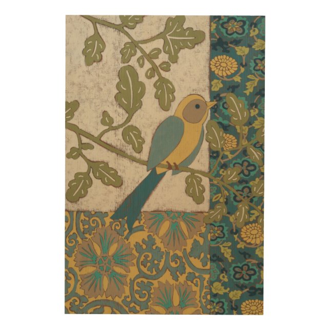 Yellow and Teal Blue Bird Perched on a  Branch Wood Wall Art (Front)