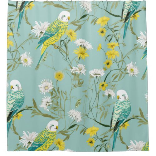 Yellow and Teal Budgerigars Shower Curtain