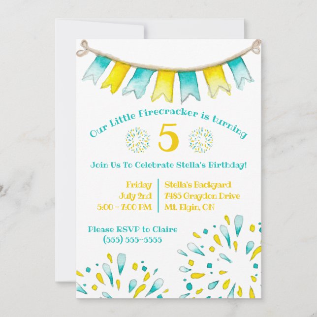 Yellow and Teal Firecracker, Fireworks Birthday Invitation (Front)