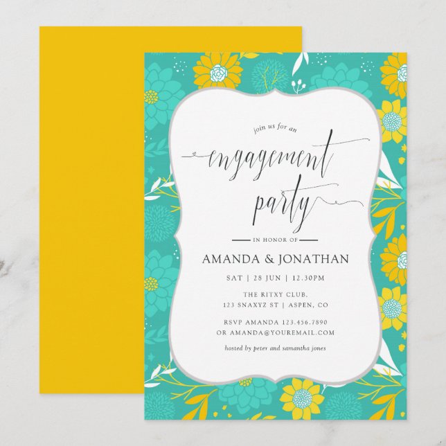Yellow and Teal Floral Engagement Party Invitation (Front/Back)