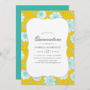Yellow and Teal Floral Quinceañera Invitation