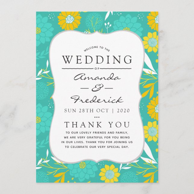 Yellow and Teal Floral Wedding Program (Front)