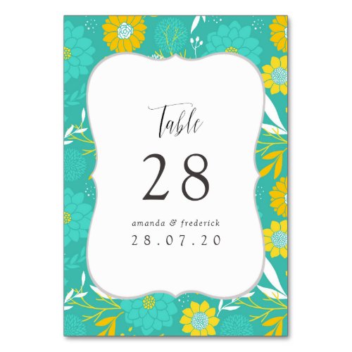 Yellow and Teal Floral Wedding Table Number