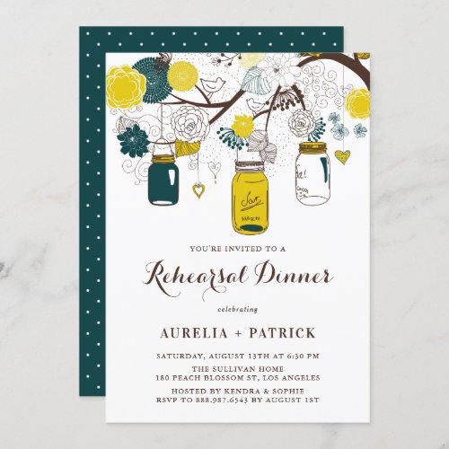 Yellow and Teal Mason Jars Rehearsal Dinner Invitation