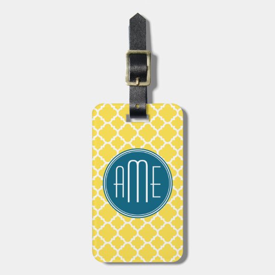 Yellow and Teal Quatrefoil Pattern Custom monogram Bag Tag