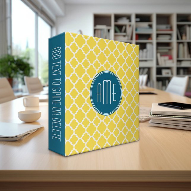 Yellow and Teal Quatrefoil Pattern Custom monogram Binder (Custom Monogram Binder)