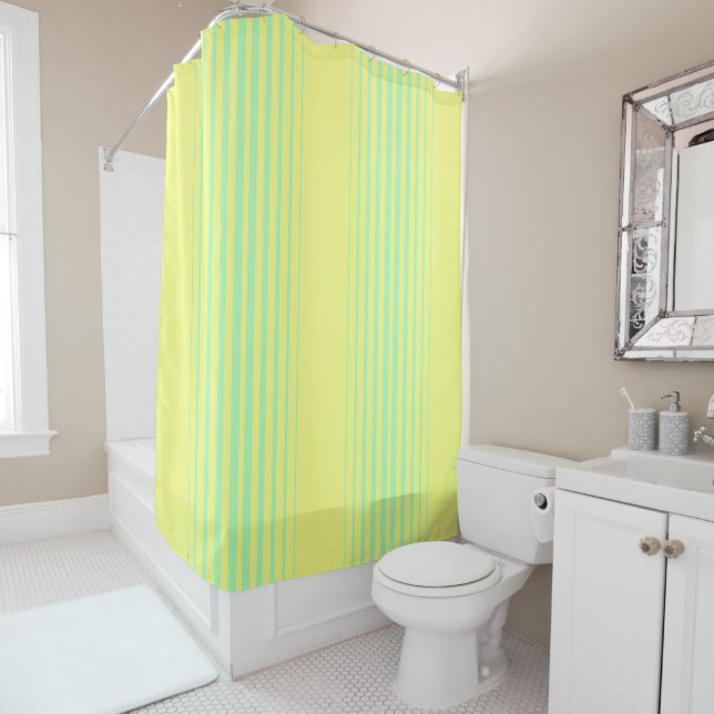 Yellow and teal shower curtain (In Situ)