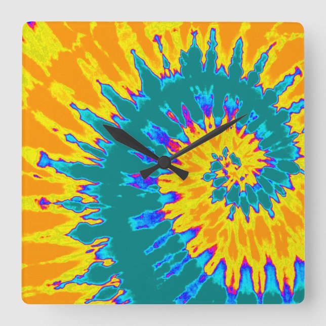 Yellow and Teal Spiral Tie Dye Clock (Front)