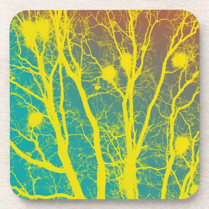 YELLOW AND TEAL TREES BEVERAGE COASTER