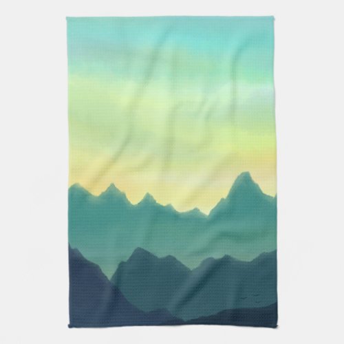 Yellow and Teal Watercolor Mountains Kitchen Towel