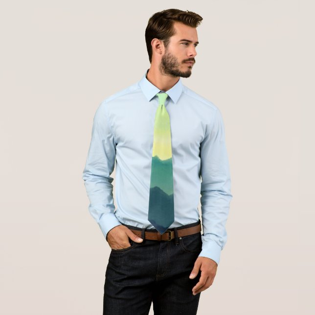 Yellow and Teal Watercolor Mountains Neck Tie (In Situ)