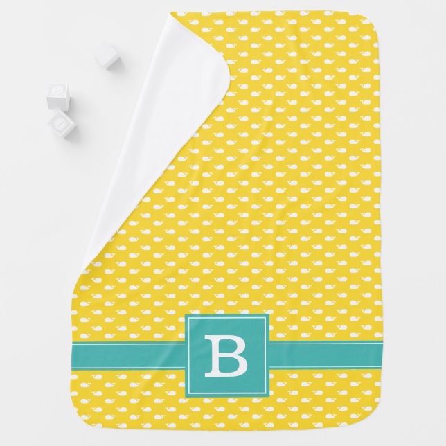 Yellow and Teal Whimsical Whales Pattern Monogram Baby Blanket (In Situ)