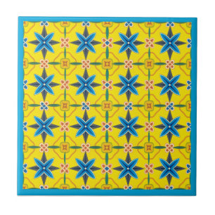 Yellow and Turquoise Floral  Design Ceramic  Tile