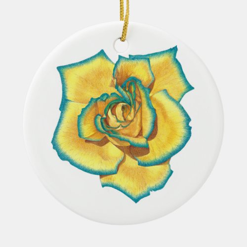 Yellow and Turquoise Rose Ceramic Ornament