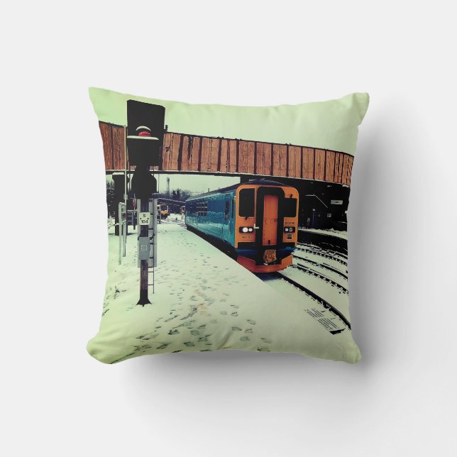 Yellow and turquoise train throw pillow (Front)
