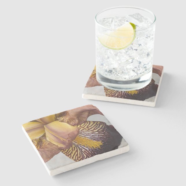 Yellow and Violet Bearded Iris Floral Stone Coaster (Side)