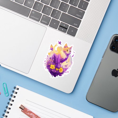 Yellow and Violet Floral Cat Sticker
