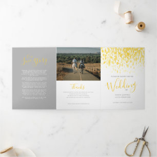 Yellow and white abstract art wedding ceremony Tri-Fold program