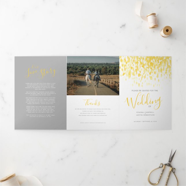 Yellow and white abstract art wedding ceremony Tri-Fold program (Outside)