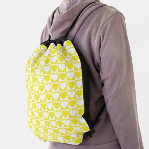 Yellow and White Checkerboard Heart Pattern Drawstring Bag