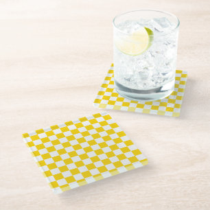 Yellow and White Checkered Chess Retro Glass Coaster
