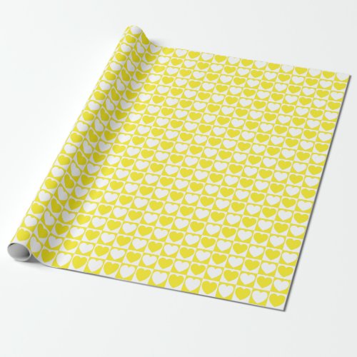 Yellow and White Checkered Pattern With Hearts Wrapping Paper