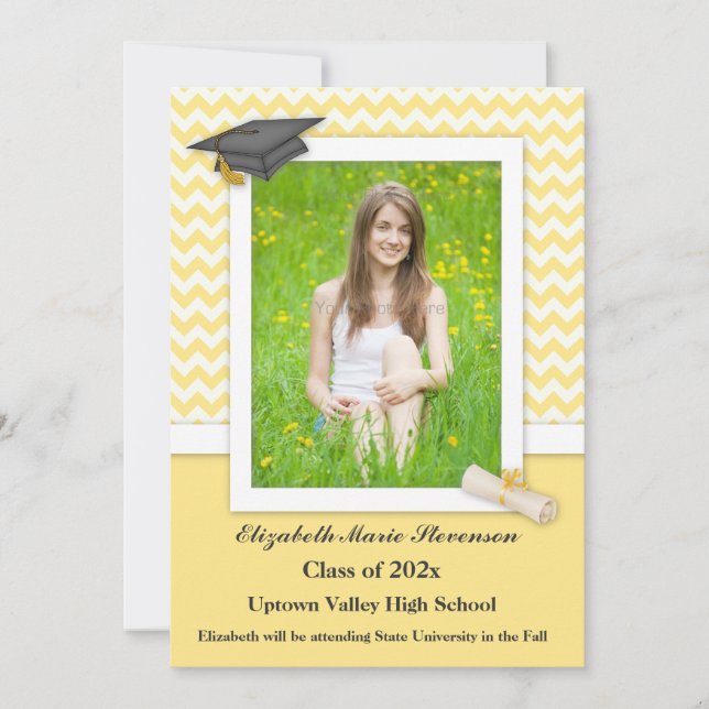 Yellow and White Chevron Grad Photo Card (Front)
