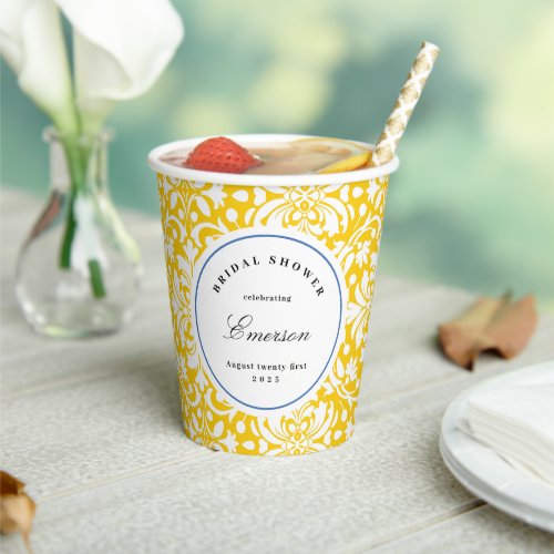 Yellow and White Chic Feminine Damask Pattern  Paper Cups