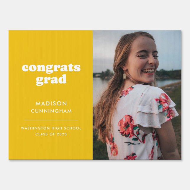 Yellow and White Congrats Grad Photo Graduation Sign (Back)