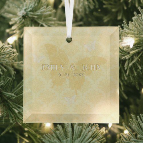 Yellow and White Country Butterflies Wedding Glass Ornament