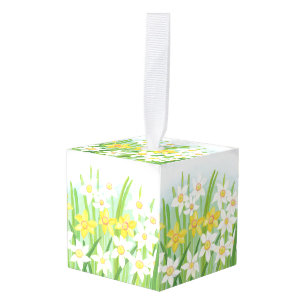 Yellow and White Daffodils in Spring Cube Ornament