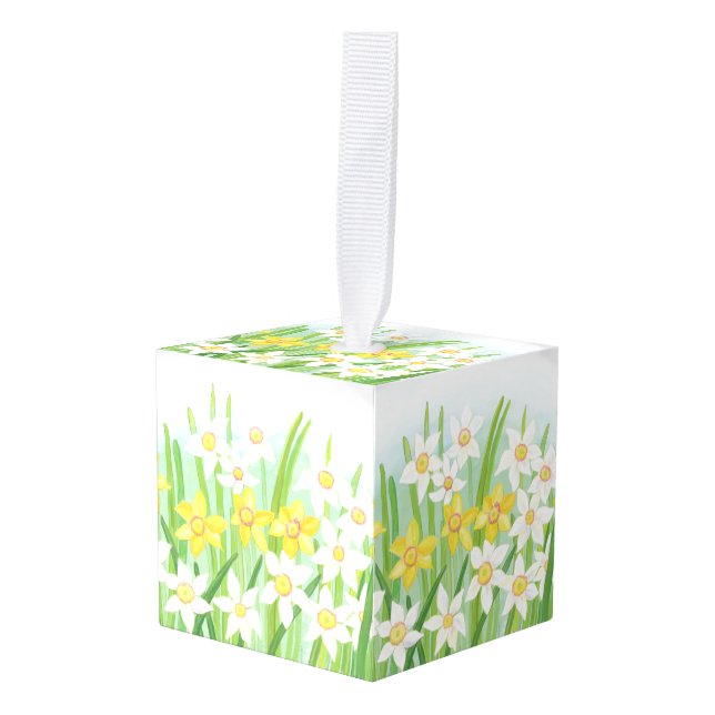 Yellow and White Daffodils in Spring   Cube Ornament (Front Angled)
