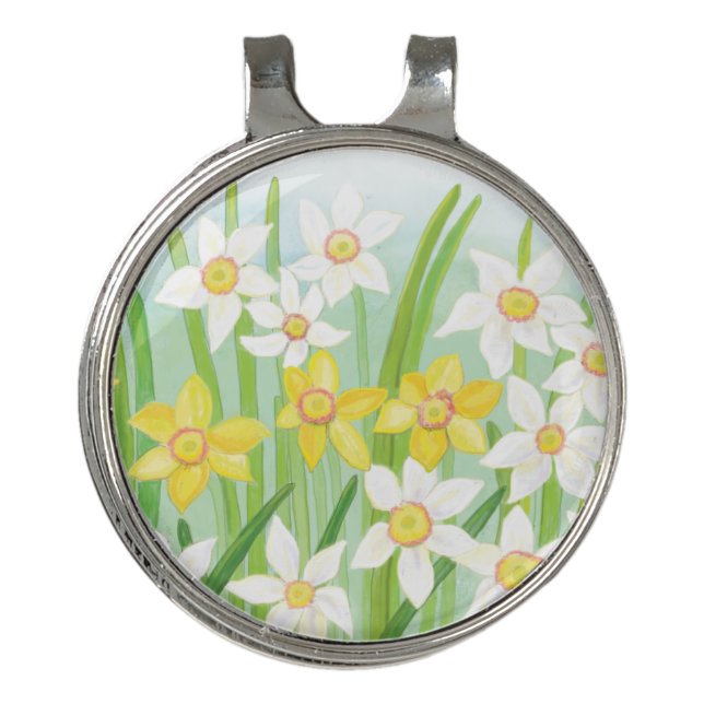 Yellow and White Daffodils in Spring Golf Hat Clip (Front)
