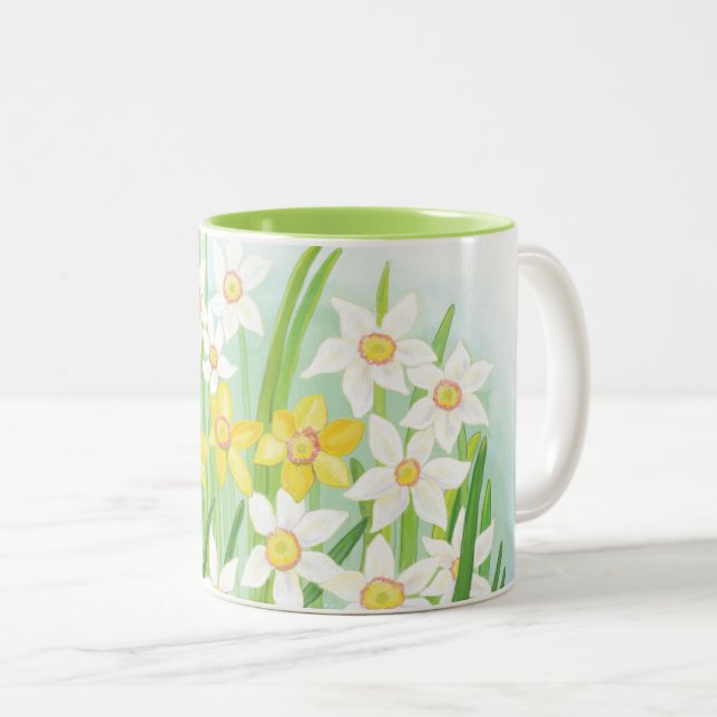 Yellow and White Daffodils in Spring  Two-Tone Coffee Mug (Front Right)