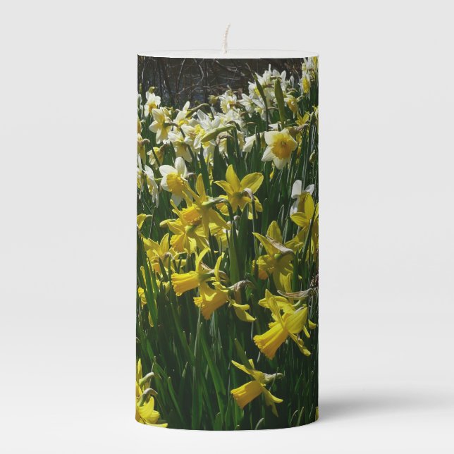 Yellow and White Daffodils Spring Flowers Pillar Candle (Front)