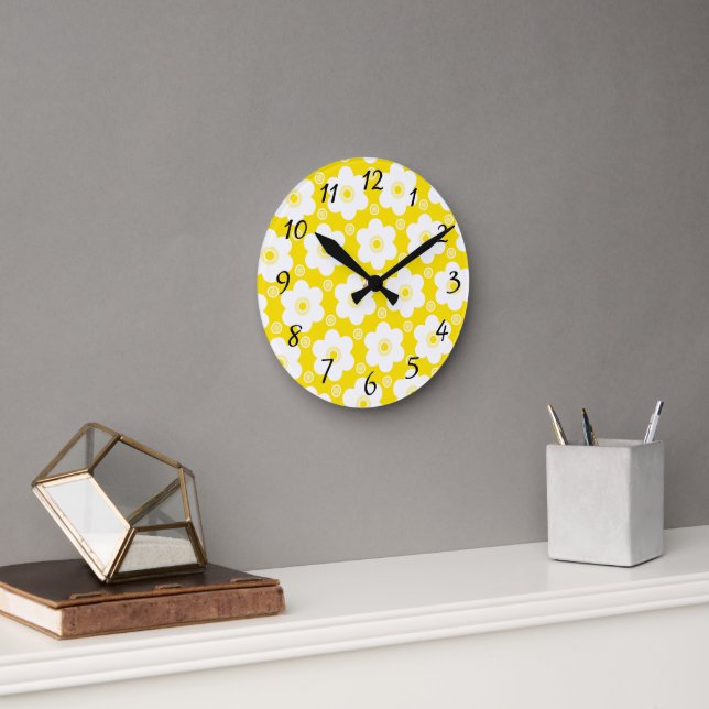 Yellow and White Daisies and Polka Dots Pattern Round Clock (Office)