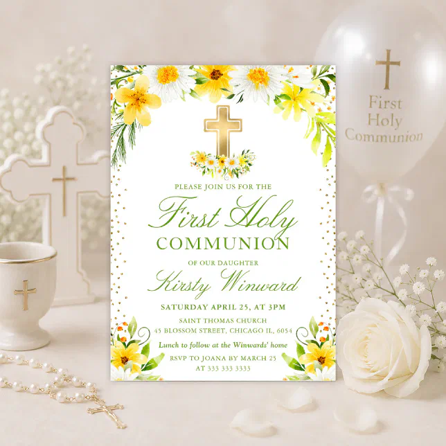 Yellow and White Daisies First Holy Communion Invitation | Zazzle
