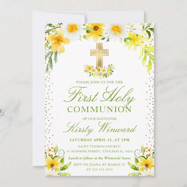 Yellow and White Daisies First Holy Communion Invitation (Front)