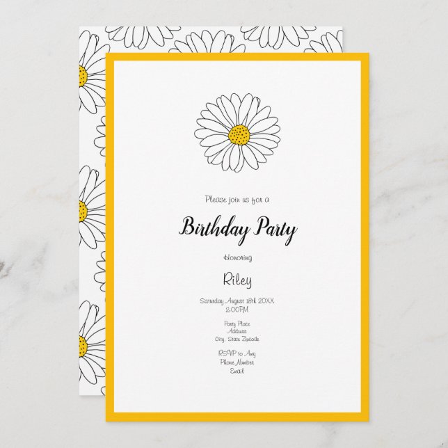Yellow and White Daisy and Pattern Invitation (Front/Back)