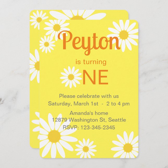 Yellow and White Daisy First Birthday Invitation (Front/Back)