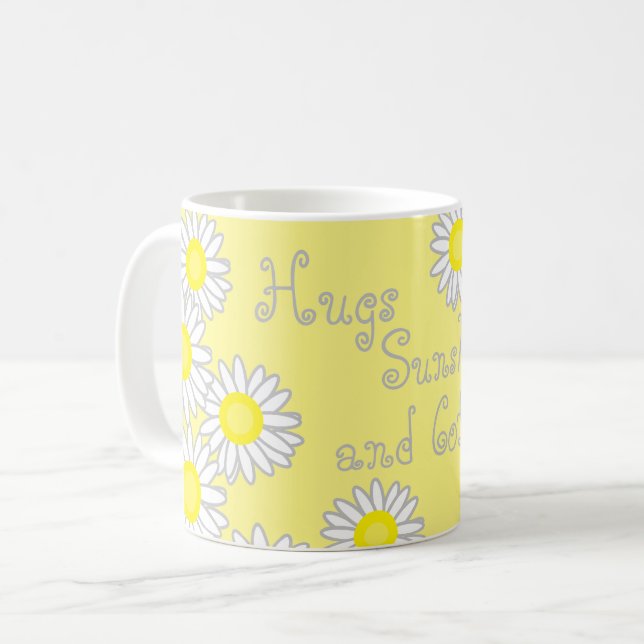 Yellow and White Daisy Hugs Sunshine and Coffee Mug (Front Left)