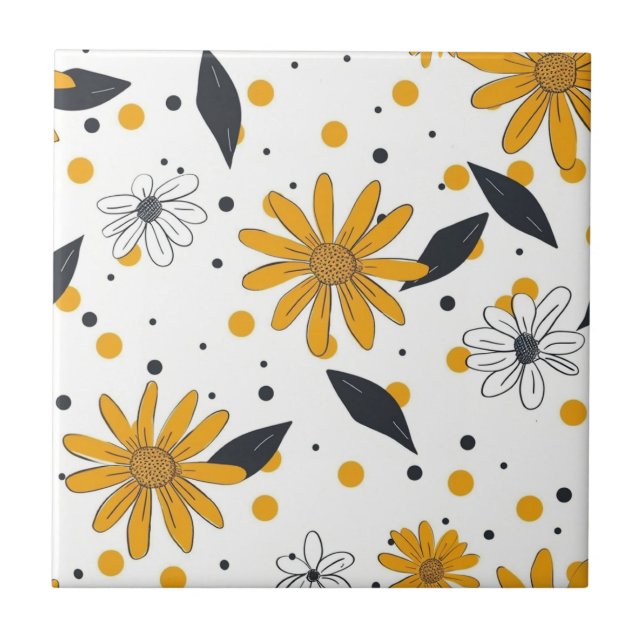 Yellow and White Daisy Pattern with Dark Leaves Ceramic Tile (Front)