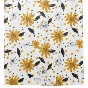 Yellow and White Daisy Pattern with Dark Leaves Shower Curtain