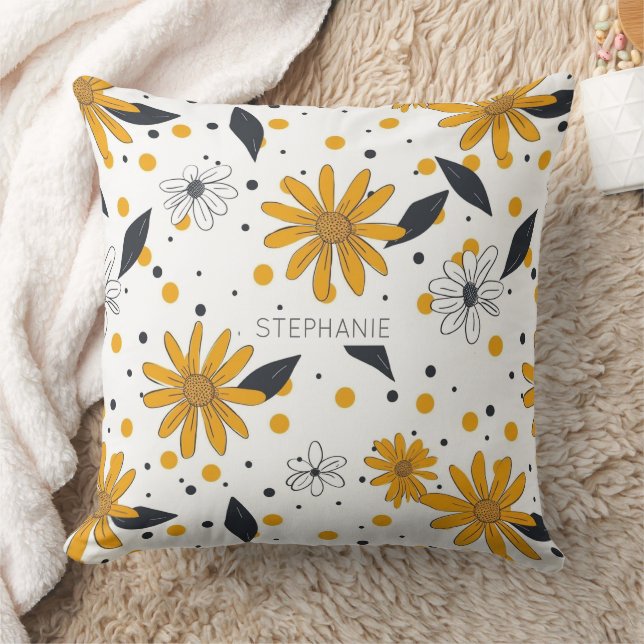 Yellow and White Daisy Pattern with Dark Leaves Throw Pillow (Blanket)