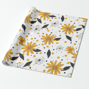 Yellow and White Daisy Pattern with Dark Leaves Wrapping Paper
