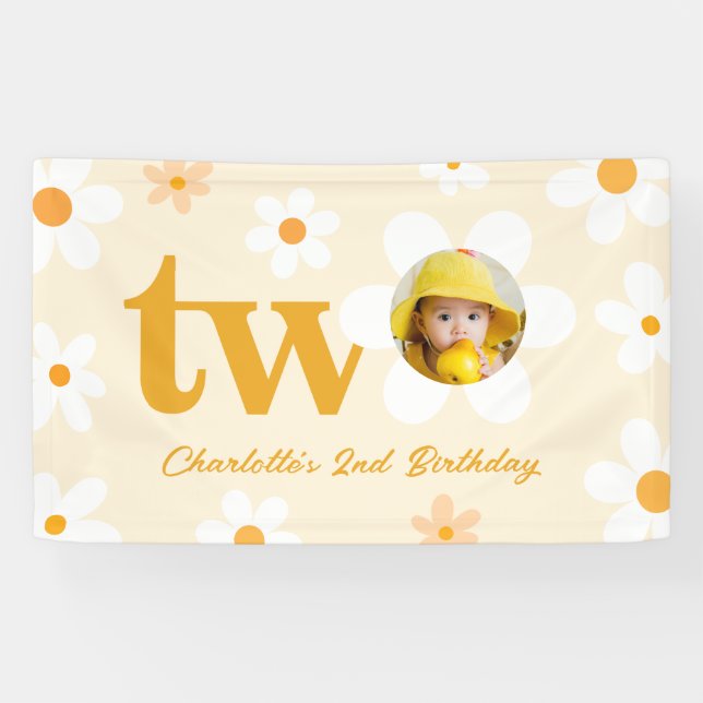 Yellow And White Daisy Second Birthday Photo Girl  Banner (Horizontal)