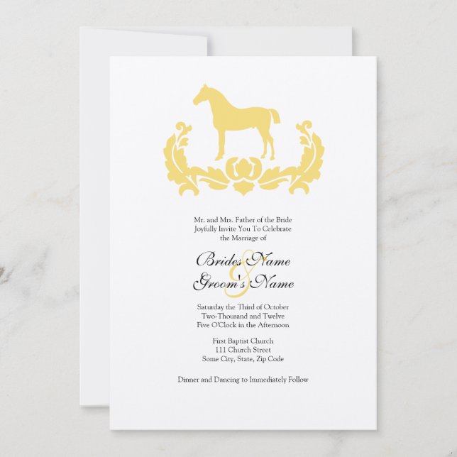 Yellow and White Damask Horse Wedding Invitation (Front)