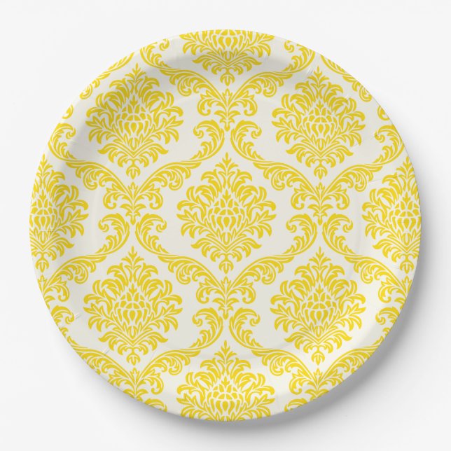 Yellow and White Damask Paper Plates (Front)
