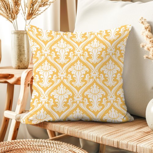 Yellow And White Damask Pattern Throw Pillows