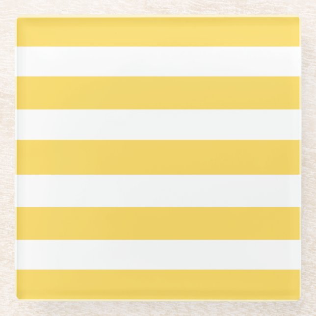 Yellow and White Deckchair Stripes Glass Coaster (Front)